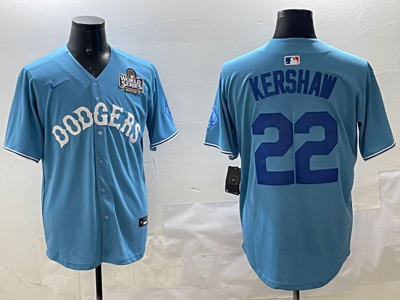 Men Los Angeles Dodgers #22 Kershaw Light Blue Joint Name 2025 Nike MLB Jersey style 17